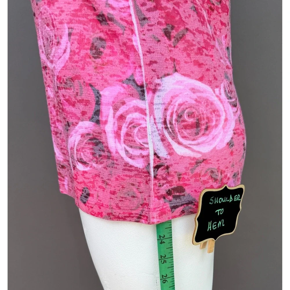 Whimsy Rose Pink Floral Knit Top Waffle Large Botanical Long Sleeve Cottagecore - Picture 12 of 13